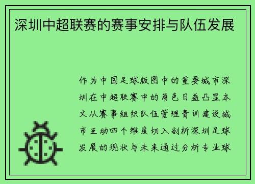 深圳中超联赛的赛事安排与队伍发展