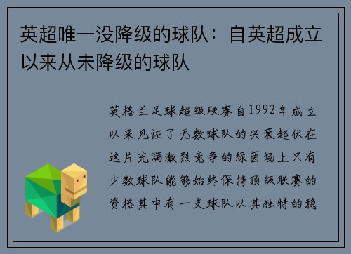 英超唯一没降级的球队：自英超成立以来从未降级的球队